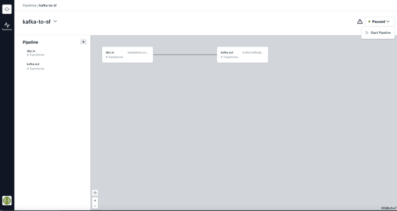 Screenshot of the conduit dashboard showing the connector page with an open dropdown showing the "Start Pipeline" button